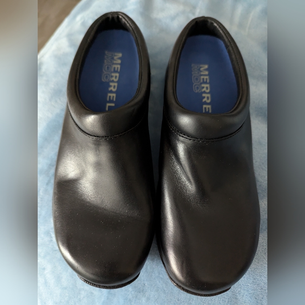 Merrell ladies black leather mules.  New without tags! Size 6.5/37